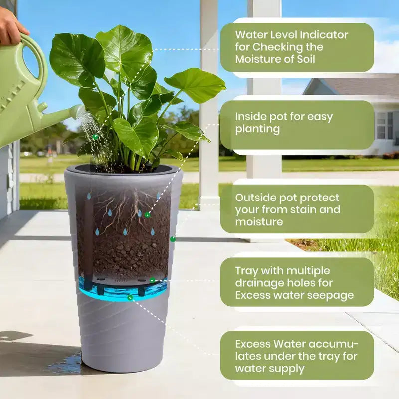 Gray Self-Watering Tall Planters Set of 2  23 Flower Pots with Water Level Monitor, Drainage Holes for Indoor & Outdoor Use
