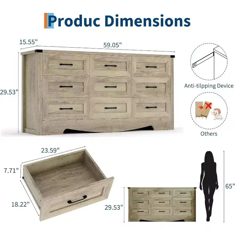 9 Drawer Dresser for Bedroom, 59 Farmhouse Wooden Tall Chest of Drawers, Modern Long Dresser, Wood Storage Cabinet with Handles for Living Room