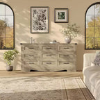 9 Drawer Dresser for Bedroom, 59 Farmhouse Wooden Tall Chest of Drawers, Modern Long Dresser, Wood Storage Cabinet with Handles for Living Room