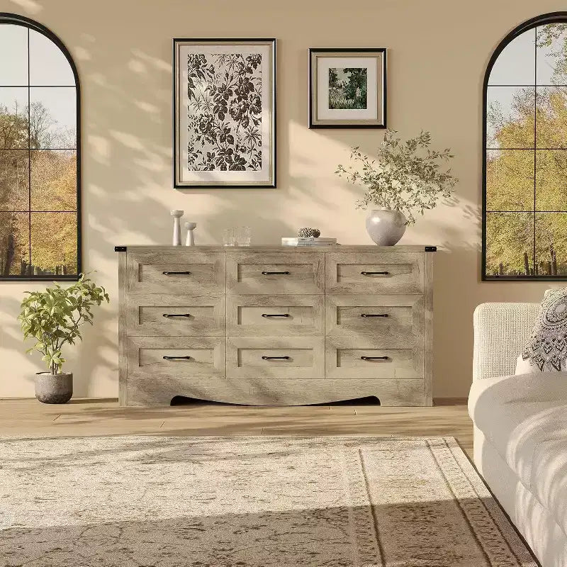 9 Drawer Dresser for Bedroom, 59 Farmhouse Wooden Tall Chest of Drawers, Modern Long Dresser, Wood Storage Cabinet with Handles for Living Room