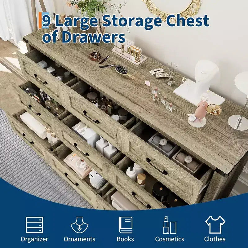 9 Drawer Dresser for Bedroom, 59 Farmhouse Wooden Tall Chest of Drawers, Modern Long Dresser, Wood Storage Cabinet with Handles for Living Room