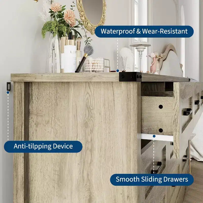 9 Drawer Dresser for Bedroom, 59 Farmhouse Wooden Tall Chest of Drawers, Modern Long Dresser, Wood Storage Cabinet with Handles for Living Room