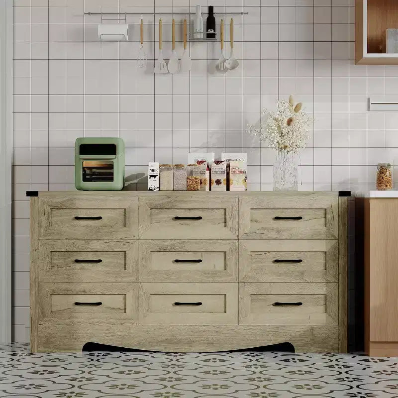 9 Drawer Dresser for Bedroom, 59 Farmhouse Wooden Tall Chest of Drawers, Modern Long Dresser, Wood Storage Cabinet with Handles for Living Room