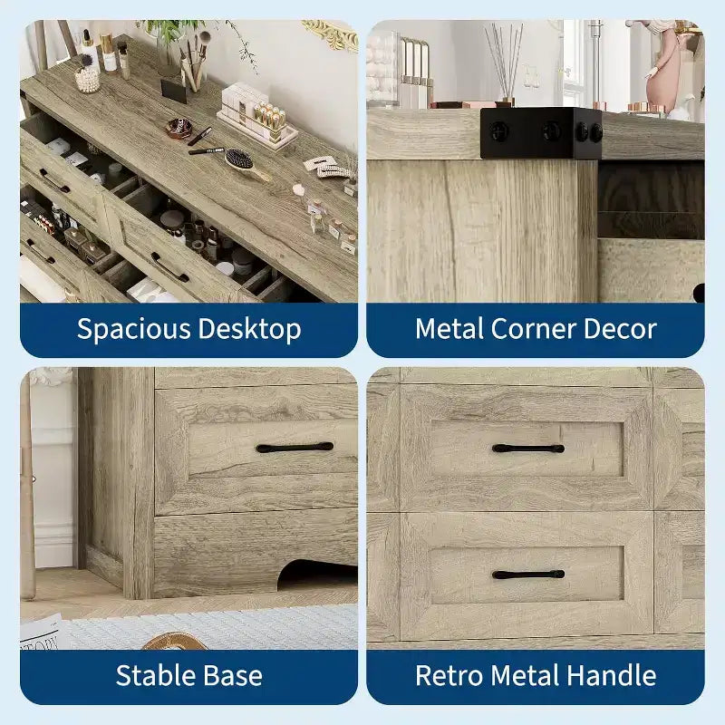 9 Drawer Dresser for Bedroom, 59 Farmhouse Wooden Tall Chest of Drawers, Modern Long Dresser, Wood Storage Cabinet with Handles for Living Room