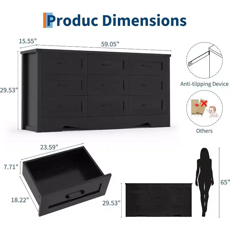 9 Drawer Dresser for Bedroom, 59 Farmhouse Wooden Tall Chest of Drawers, Modern Long Dresser, Wood Storage Cabinet with Handles for Living Room