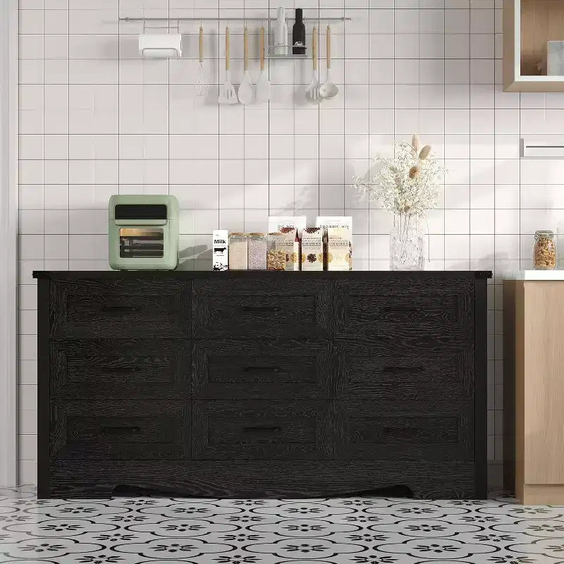 9 Drawer Dresser for Bedroom, 59 Farmhouse Wooden Tall Chest of Drawers, Modern Long Dresser, Wood Storage Cabinet with Handles for Living Room