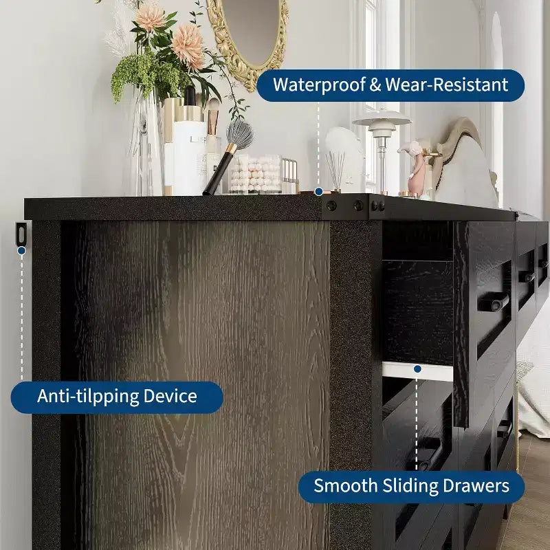 9 Drawer Dresser for Bedroom, 59 Farmhouse Wooden Tall Chest of Drawers, Modern Long Dresser, Wood Storage Cabinet with Handles for Living Room