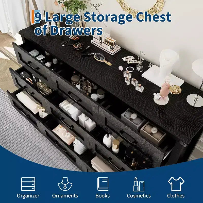 9 Drawer Dresser for Bedroom, 59 Farmhouse Wooden Tall Chest of Drawers, Modern Long Dresser, Wood Storage Cabinet with Handles for Living Room