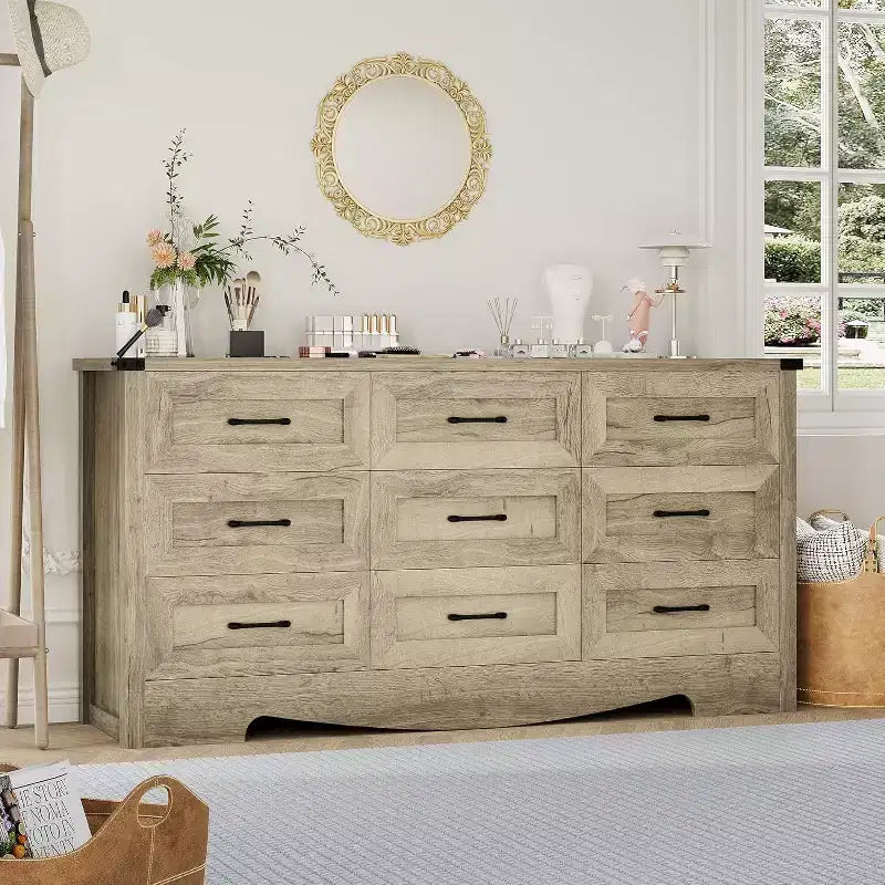 9 Drawer Dresser for Bedroom, 59 Farmhouse Wooden Tall Chest of Drawers, Modern Long Dresser, Wood Storage Cabinet with Handles for Living Room