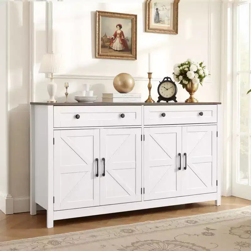 VEVOR Coffee Bar Cabinet, Farmhouse Coffee Bar Table with 2 Drawers, Buffet Stand Cabinet with 4 Barn Doors, 55.1 x 15.5 x 31.5 in, White