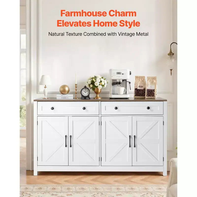 VEVOR Coffee Bar Cabinet, Farmhouse Coffee Bar Table with 2 Drawers, Buffet Stand Cabinet with 4 Barn Doors, 55.1 x 15.5 x 31.5 in, White