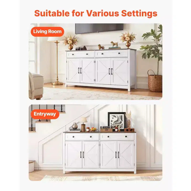 VEVOR Coffee Bar Cabinet, Farmhouse Coffee Bar Table with 2 Drawers, Buffet Stand Cabinet with 4 Barn Doors, 55.1 x 15.5 x 31.5 in, White