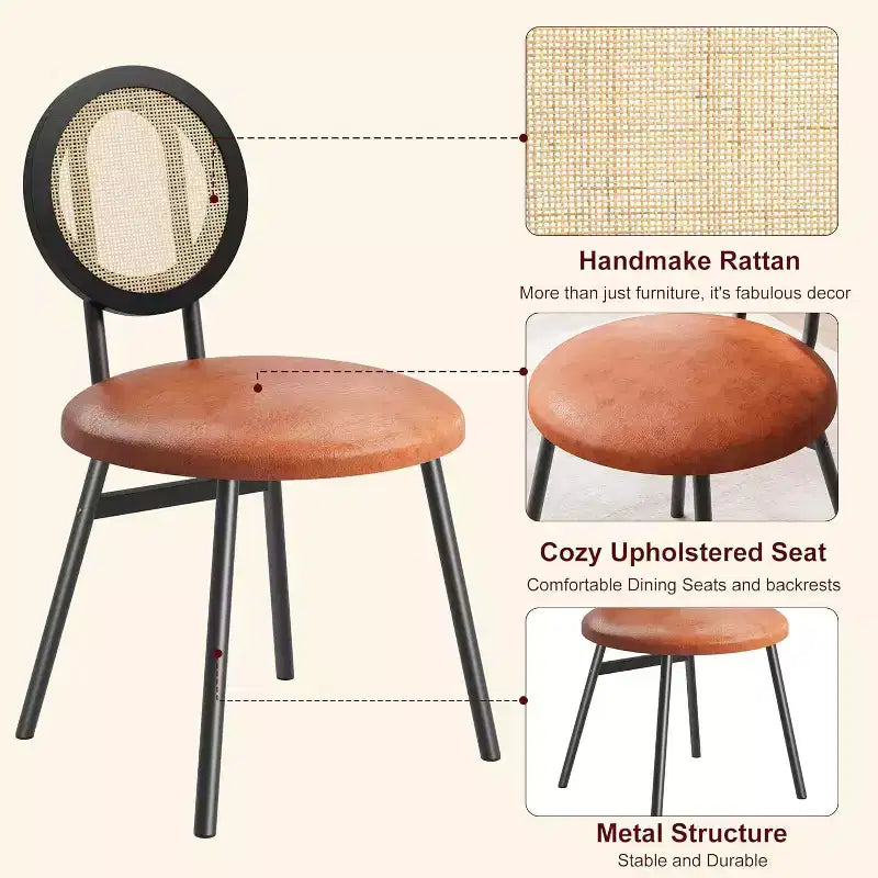 Modern Rattan Dining Chairs, Kitchen Chairs with Upholstered Cushion and Metal Legs for Small Space Living Room Coffee Shop Restaurant