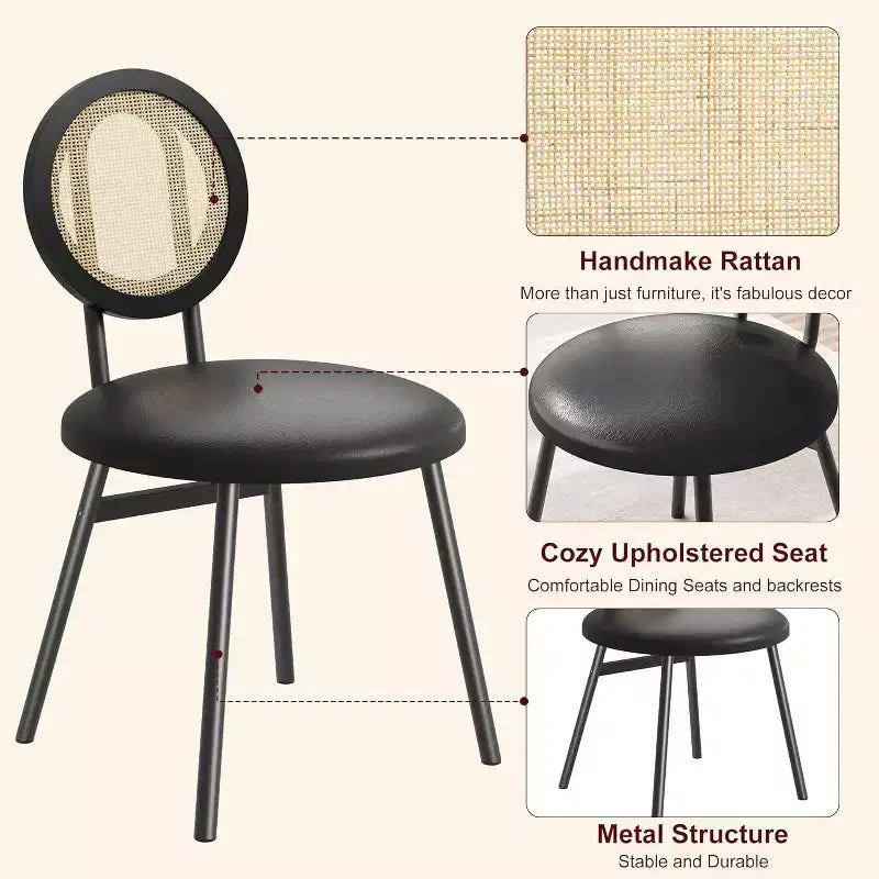 Modern Rattan Dining Chairs, Kitchen Chairs with Upholstered Cushion and Metal Legs for Small Space Living Room Coffee Shop Restaurant