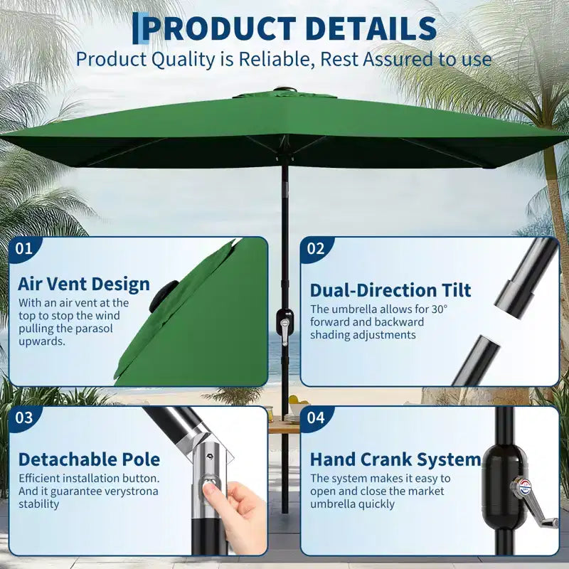 6.5x10 ft Rectangular Patio Umbrellas Rectangle Outdoor Umbrella with Push Button Tilt and Crank, Market Table Umbrella 6 Sturdy Ribs UV Protection