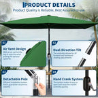 6.5x10 ft Rectangular Patio Umbrellas Rectangle Outdoor Umbrella with Push Button Tilt and Crank, Market Table Umbrella 6 Sturdy Ribs UV Protection