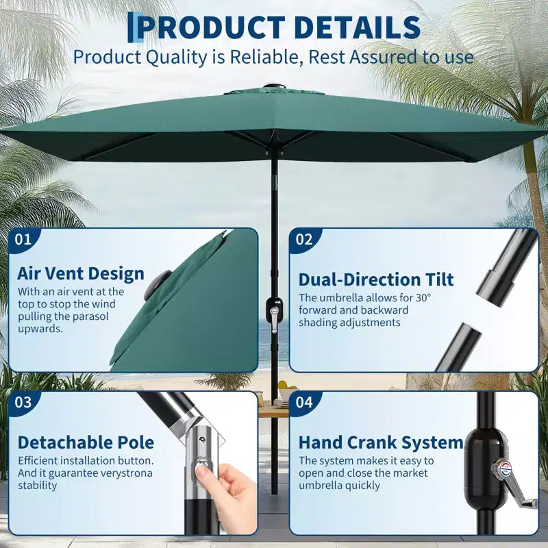 6.5x10 ft Rectangular Patio Umbrellas Rectangle Outdoor Umbrella with Push Button Tilt and Crank, Market Table Umbrella 6 Sturdy Ribs UV Protection