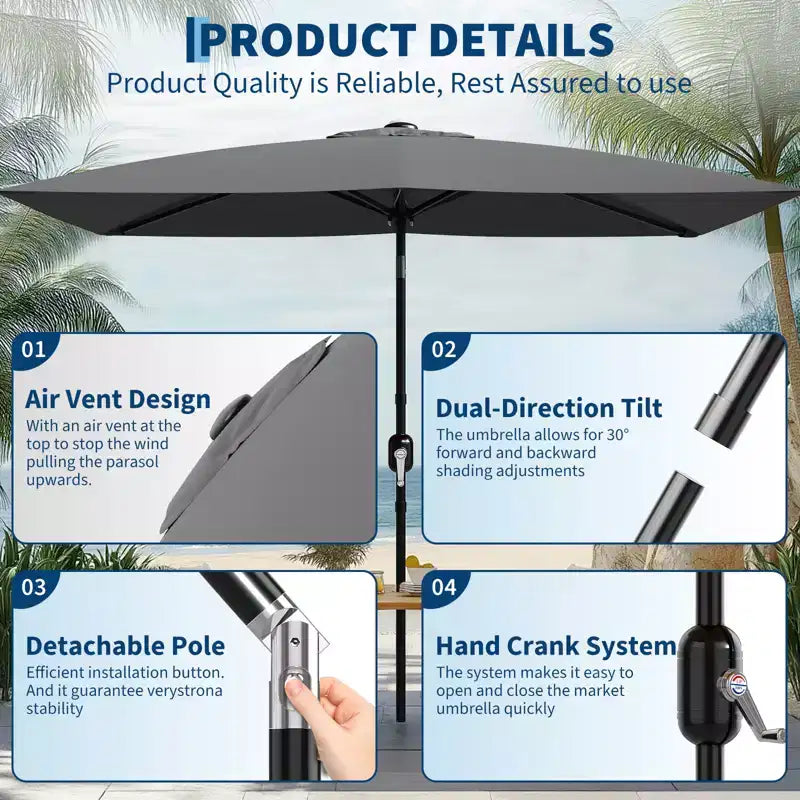 6.5x10 ft Rectangular Patio Umbrellas Rectangle Outdoor Umbrella with Push Button Tilt and Crank, Market Table Umbrella 6 Sturdy Ribs UV Protection