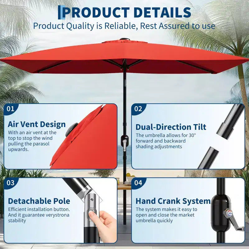 6.5x10 ft Rectangular Patio Umbrellas Rectangle Outdoor Umbrella with Push Button Tilt and Crank, Market Table Umbrella 6 Sturdy Ribs UV Protection