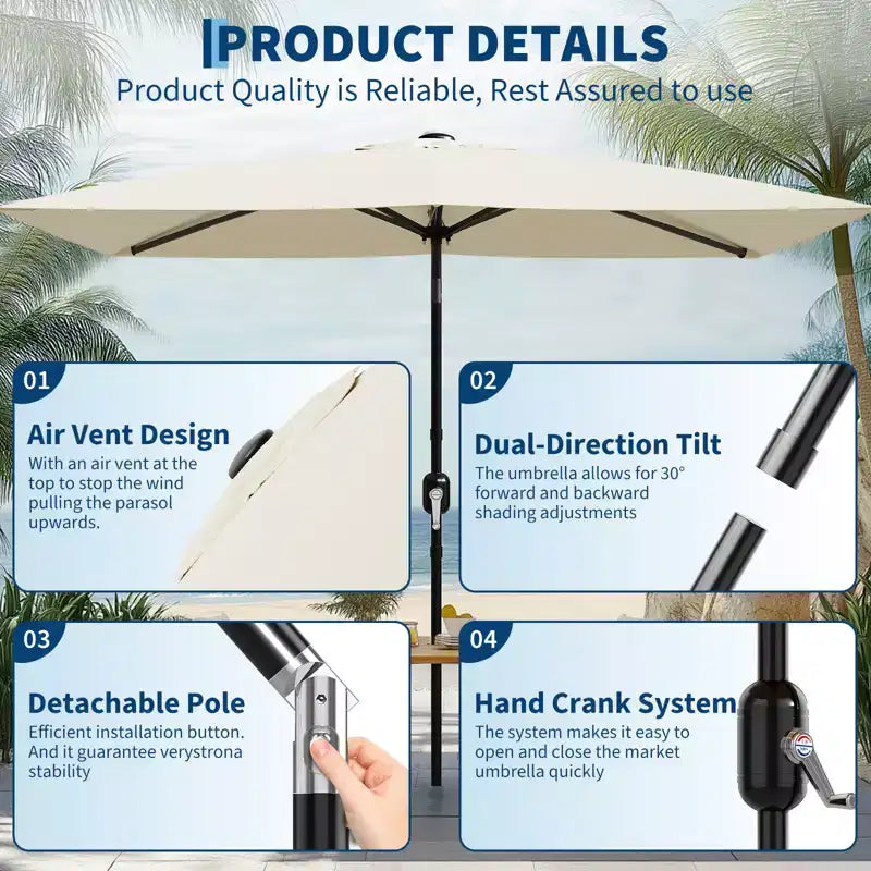 6.5x10 ft Rectangular Patio Umbrellas Rectangle Outdoor Umbrella with Push Button Tilt and Crank, Market Table Umbrella 6 Sturdy Ribs UV Protection