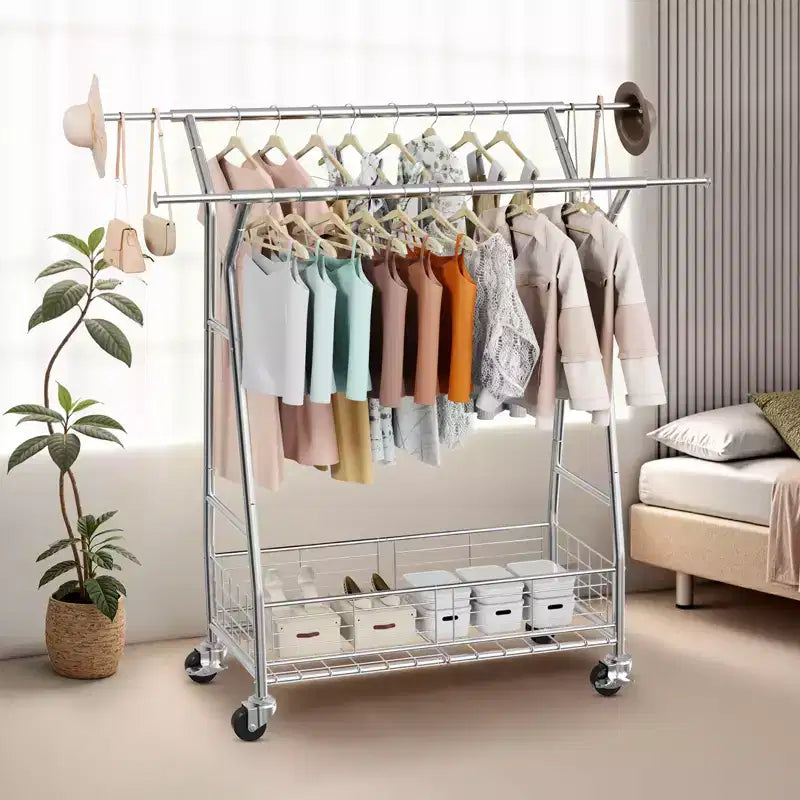 VEVOR Clothes Rack, Rolling Clothing Garment Rack with 2 Hanging Rods and Storage Basket, 330 lbs Load Capacity, Silver