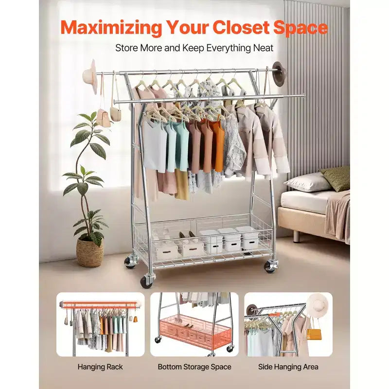 VEVOR Clothes Rack, Rolling Clothing Garment Rack with 2 Hanging Rods and Storage Basket, 330 lbs Load Capacity, Silver