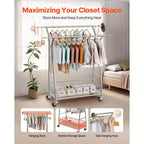 VEVOR Clothes Rack, Rolling Clothing Garment Rack with 2 Hanging Rods and Storage Basket, 330 lbs Load Capacity, Silver