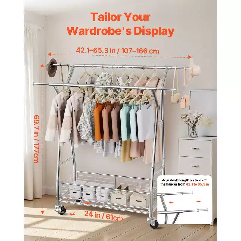 VEVOR Clothes Rack, Rolling Clothing Garment Rack with 2 Hanging Rods and Storage Basket, 330 lbs Load Capacity, Silver