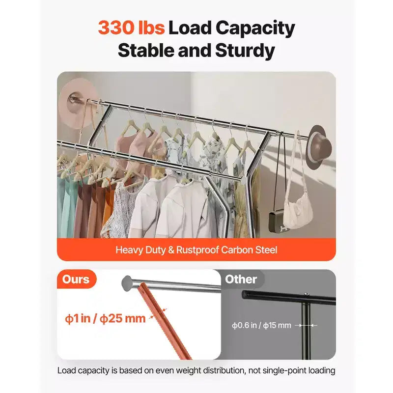 VEVOR Clothes Rack, Rolling Clothing Garment Rack with 2 Hanging Rods and Storage Basket, 330 lbs Load Capacity, Silver