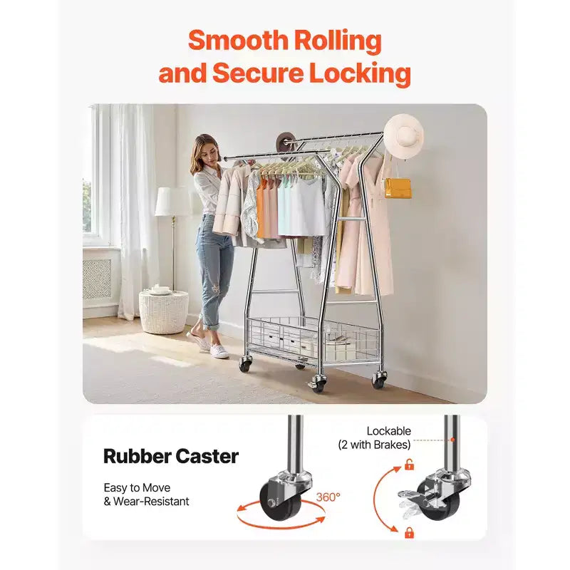 VEVOR Clothes Rack, Rolling Clothing Garment Rack with 2 Hanging Rods and Storage Basket, 330 lbs Load Capacity, Silver
