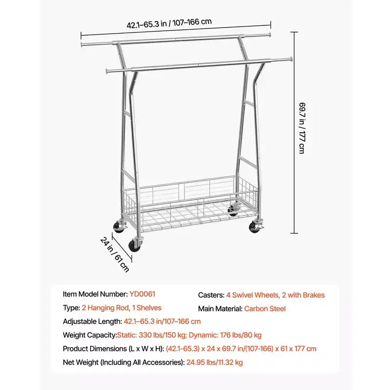 VEVOR Clothes Rack, Rolling Clothing Garment Rack with 2 Hanging Rods and Storage Basket, 330 lbs Load Capacity, Silver