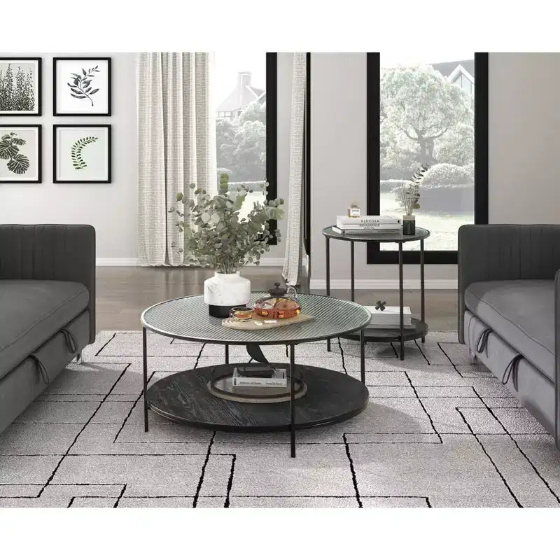 GDFStudio Carson Modern 2-Piece Metal Round Coffee Table and End Table Set with Glass Top