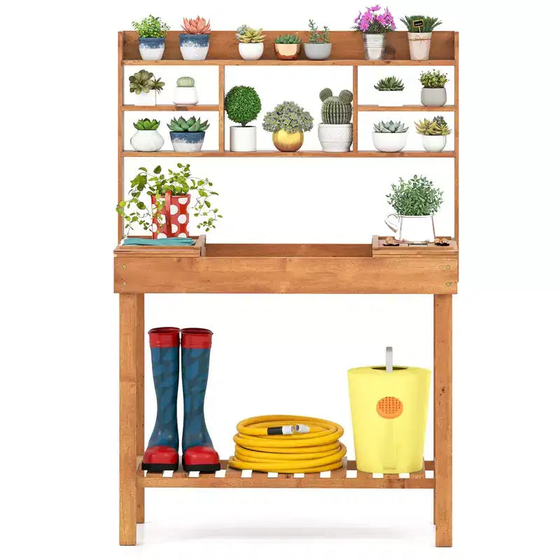 Costway Potting Bench Table with Flip-up Tabletop, Storage Shelves for Patio Porch Balcony Brown/Natural