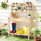 Costway Potting Bench Table with Flip-up Tabletop, Storage Shelves for Patio Porch Balcony Brown/Natural