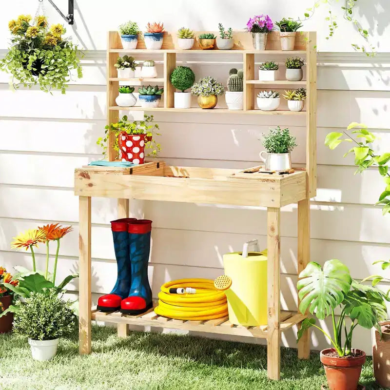 Costway Potting Bench Table with Flip-up Tabletop, Storage Shelves for Patio Porch Balcony Brown/Natural