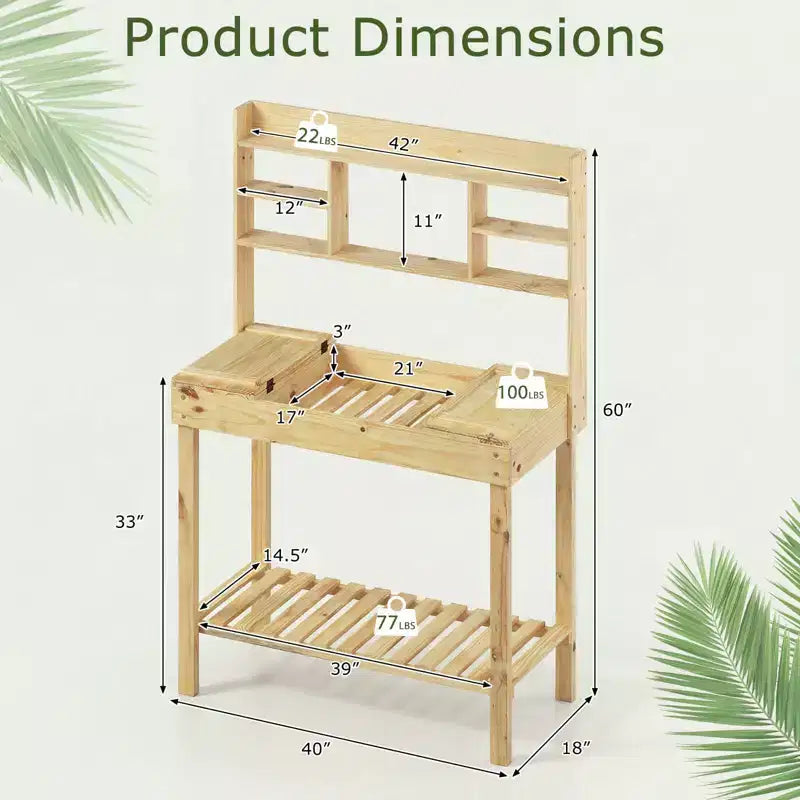 Costway Potting Bench Table with Flip-up Tabletop, Storage Shelves for Patio Porch Balcony Brown/Natural