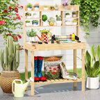 Costway Potting Bench Table with Flip-up Tabletop, Storage Shelves for Patio Porch Balcony Brown/Natural