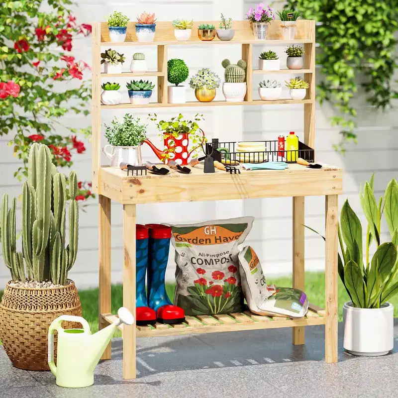 Costway Potting Bench Table with Flip-up Tabletop, Storage Shelves for Patio Porch Balcony Brown/Natural