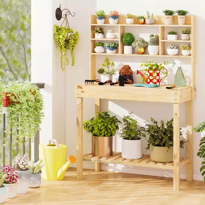 Costway Potting Bench Table with Flip-up Tabletop, Storage Shelves for Patio Porch Balcony Brown/Natural