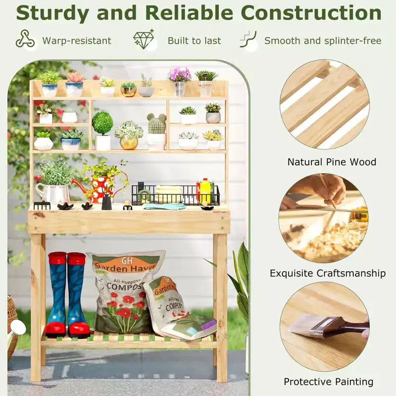 Costway Potting Bench Table with Flip-up Tabletop, Storage Shelves for Patio Porch Balcony Brown/Natural