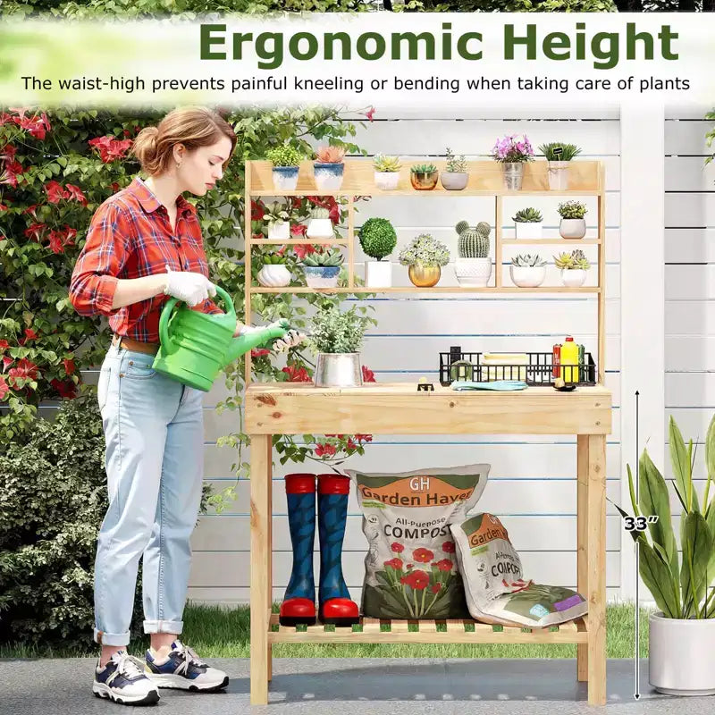Costway Potting Bench Table with Flip-up Tabletop, Storage Shelves for Patio Porch Balcony Brown/Natural