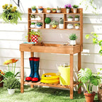 Costway Potting Bench Table with Flip-up Tabletop, Storage Shelves for Patio Porch Balcony Brown/Natural