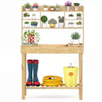Costway Potting Bench Table with Flip-up Tabletop, Storage Shelves for Patio Porch Balcony Brown/Natural