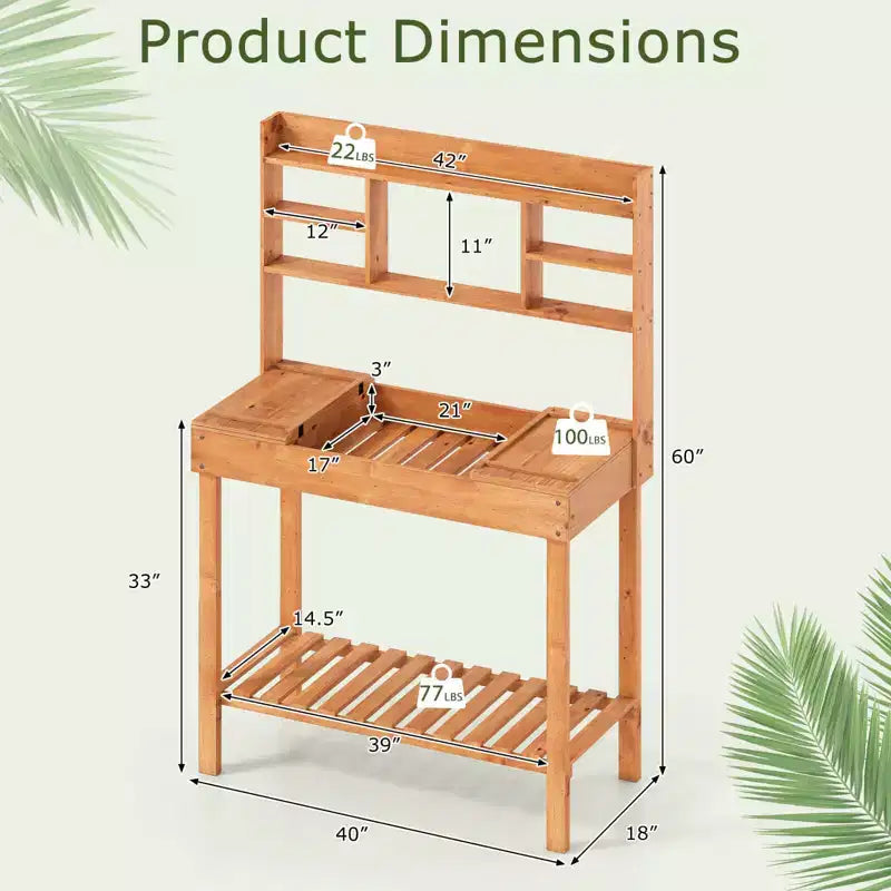 Costway Potting Bench Table with Flip-up Tabletop, Storage Shelves for Patio Porch Balcony Brown/Natural