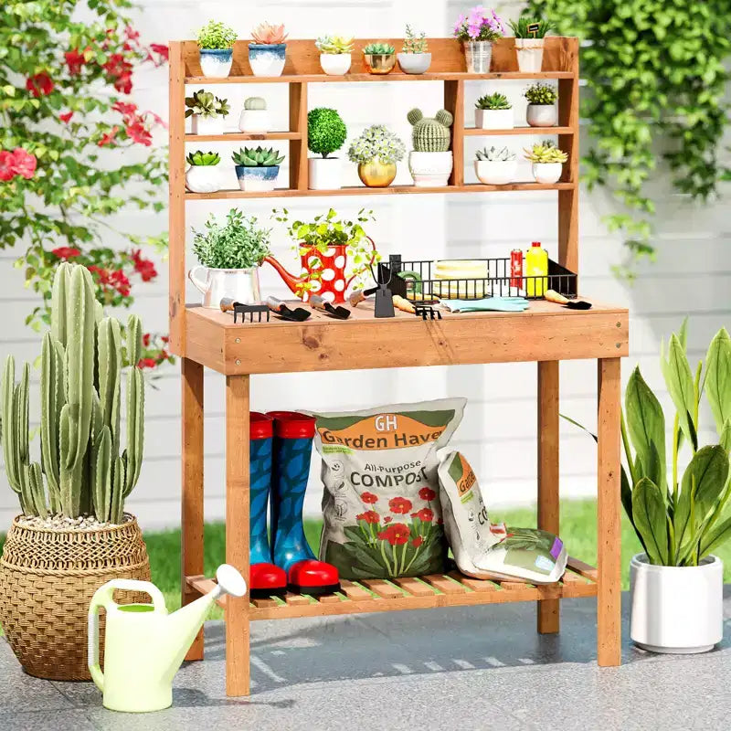 Costway Potting Bench Table with Flip-up Tabletop, Storage Shelves for Patio Porch Balcony Brown/Natural