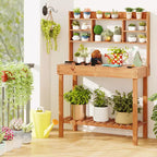 Costway Potting Bench Table with Flip-up Tabletop, Storage Shelves for Patio Porch Balcony Brown/Natural