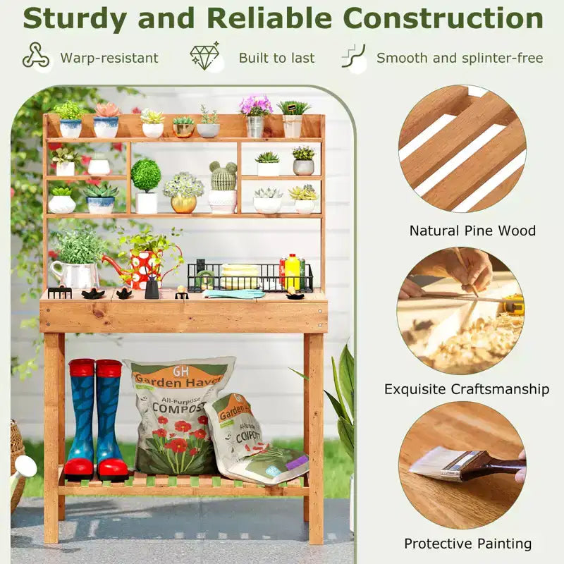 Costway Potting Bench Table with Flip-up Tabletop, Storage Shelves for Patio Porch Balcony Brown/Natural