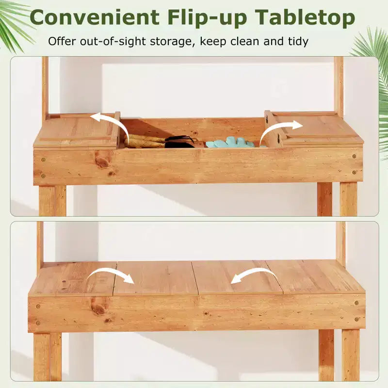 Costway Potting Bench Table with Flip-up Tabletop, Storage Shelves for Patio Porch Balcony Brown/Natural