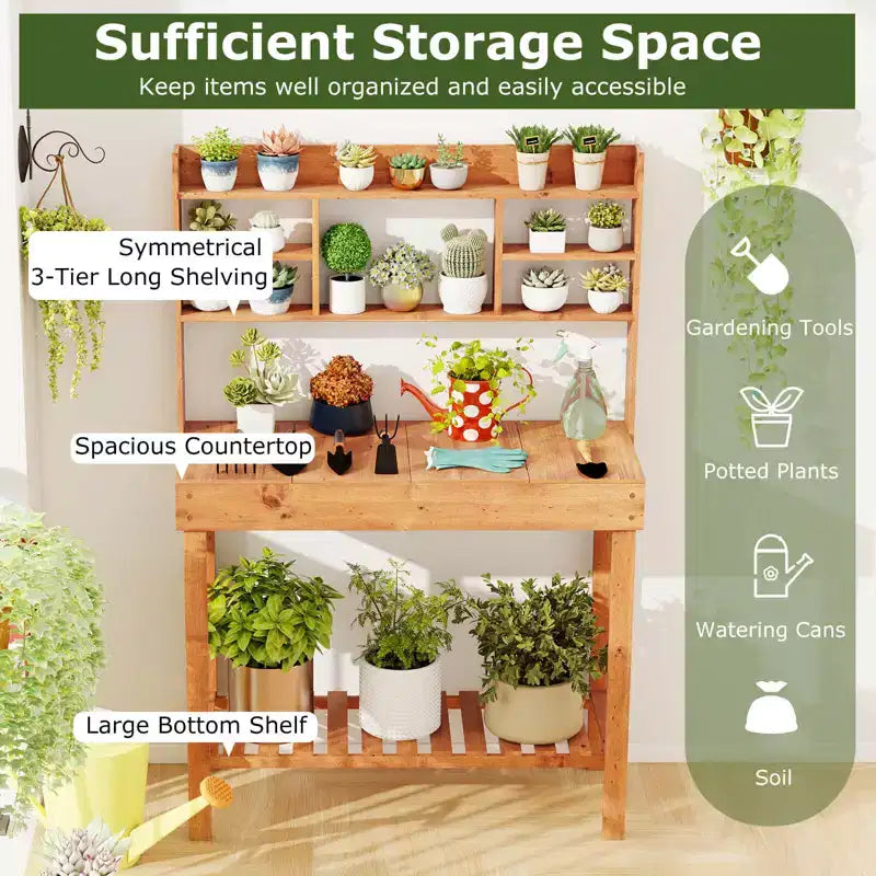 Costway Potting Bench Table with Flip-up Tabletop, Storage Shelves for Patio Porch Balcony Brown/Natural