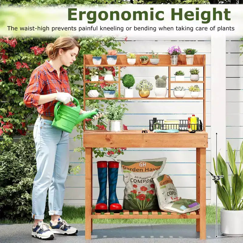 Costway Potting Bench Table with Flip-up Tabletop, Storage Shelves for Patio Porch Balcony Brown/Natural
